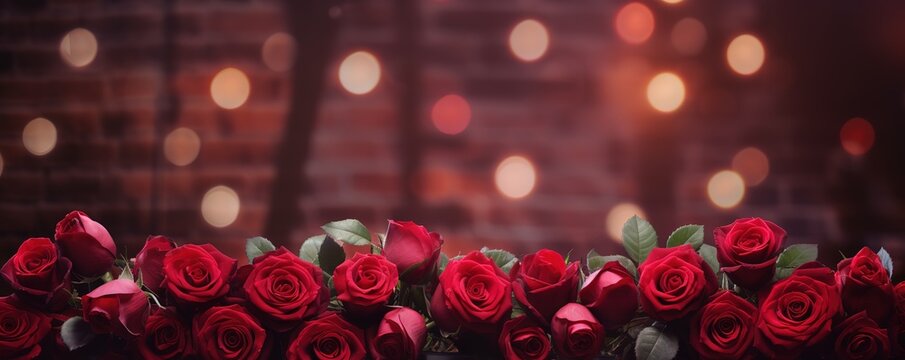 Beautiful pile of red roses in photo with glitter bokeh light background. generative AI