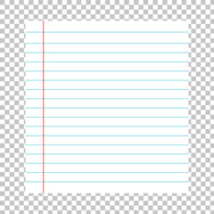 Ruled sheet of notebook paper placed on transparent background. Vector paper template. EPS file 55.