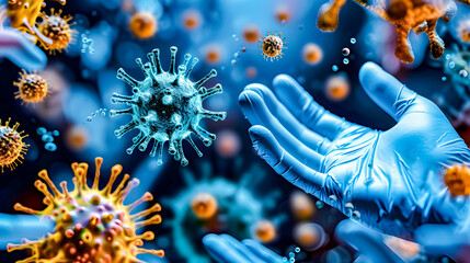 Blue-gloved hand of a doctor or scientist and microbes in the air. Coronaviruses and pathogens. - obrazy, fototapety, plakaty