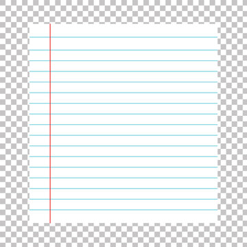 Ruled sheet of notebook paper placed on transparent background. Vector paper template. EPS file 55.