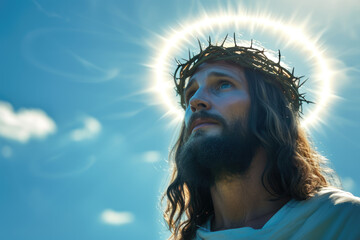 portrait of Jesus with glowing colorful halo light around head