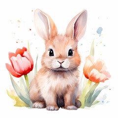 Spring Bunny with tulips flowers