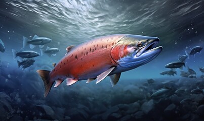 Naklejka premium Salmon fish in clear water. generative AI. generative AI