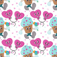 Seamless pattern with cupcakes and balloons in the form of hearts. Cartoon characters in retro style of the 50s, 60s. Vector illustration for Valentine's Day. Characters in love.