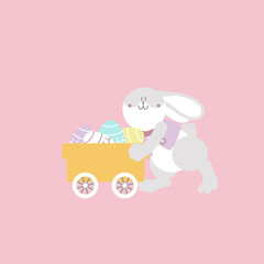 happy easter festival with animal pet bunny rabbit, cart and egg, pastel color, flat vector illustration cartoon character