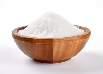 Pile of white salt in a wooden Bowl in the photo on a white background. generative AI