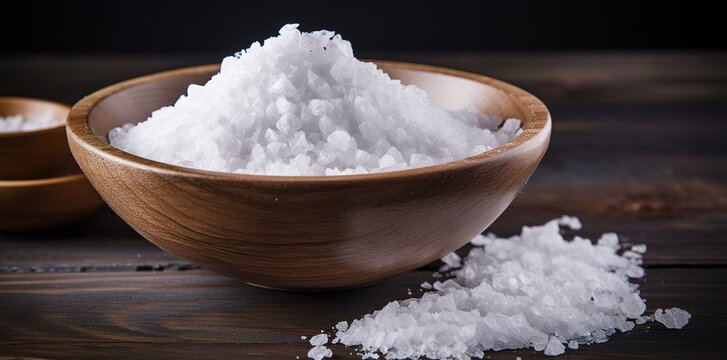 Pile of salt in a wooden Bowl On black Background. generative AI
