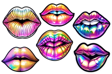 Fotobehang holographic lip sticker. Magic rainbow lips.  sexy woman lips with different emotions. Woman mouth with a kiss, smile, tongue and teeth isolated on background. clipart, collection, set © Nadezhda