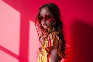 A young girl model capturing attention with a trendy pose on a vibrant pink stage, her fashion-forward look reflecting the latest and most captivating trends.