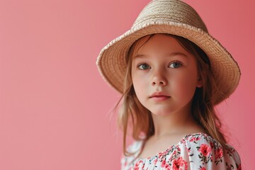 A young girl model exudes charm and style against a pastel pink background, her fashionable presence creating a visually appealing and chic image.