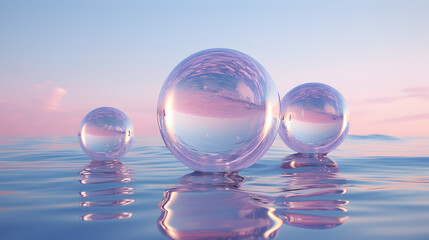 The sky was alive with the sparkling reflections of an outdoor oasis, where glassy spheres of pink bubbles floated gracefully across the shimmering water,,
3d illustration of huge soap bubbles on a ba