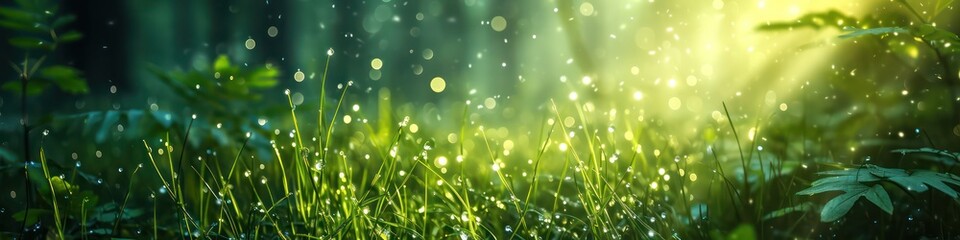 Lush green grass on meadow with drops of water dew in shining light. Generative AI - Powered by Adobe