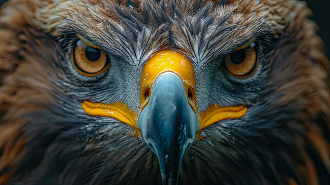 A macro portrait of an eagle, capturing the intricate patterns of its feathers and the striking details of its eyes and beak. The image should bring out the texture and colour variations