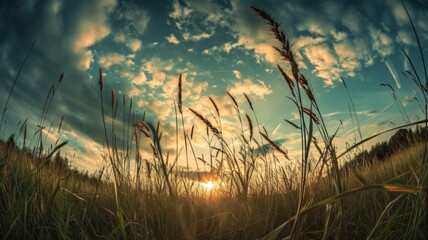 Obraz premium Green grass view from below against a sunset sky. Closeup of blades of grass on the lawn