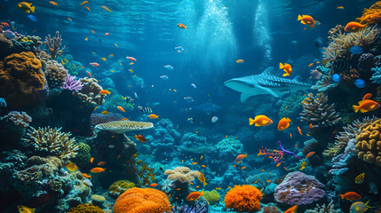 Underwater Scene With Coral Reef And Exotic Fishes, beautiful underwater scenery with various types of fish and coral reefs, colorful fish groups and sunny sky shining through clean sea water.