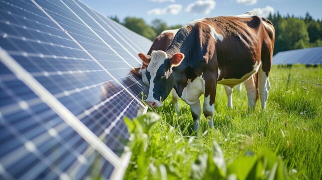 Sustainable energy and agriculture concept with cows grazing between solar panels