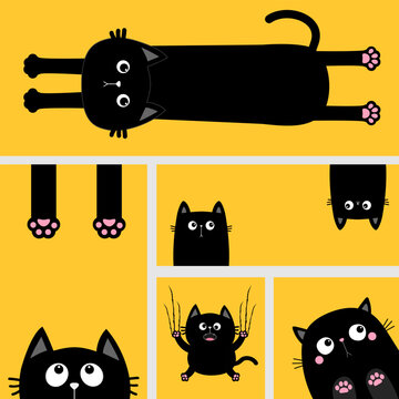 Long kitten body, peeking cat, paw print, scratching scary black cat set. Funny head face. Cute cartoon character. Kawaii funny baby pet animal. Sticker print. Flat design. Yellow background.