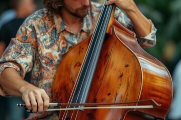 Close-up of musician playing cello performing, handsome guy using musical instrument outdoors