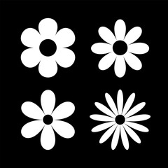 Four white daisy chamomile set line. Camomile round icon. Cute cartoon flower head plant collection. Nature style. Growing concept. Love card symbol. Flat design. Isolated. Black background.