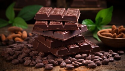 Crushed dark chocolate pieces and cocoa beans on culinary background for recipes