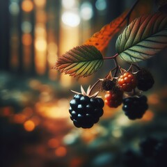 blackberry on branch | blackberry bush in autumn | high resolution image at 300 DPI for printing or digitally use - obrazy, fototapety, plakaty