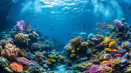 Underwater Scene With Coral Reef And Exotic Fishes, beautiful underwater scenery with various types of fish and coral reefs, colorful fish groups and sunny sky shining through clean sea water.