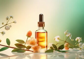 The beauty serum in the photo with flower decoration beside it. generative AI