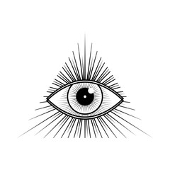 Black eye of Providence , All seeing eye of god in triangle light ray mysterious magic tattoo outline icon flat vector design