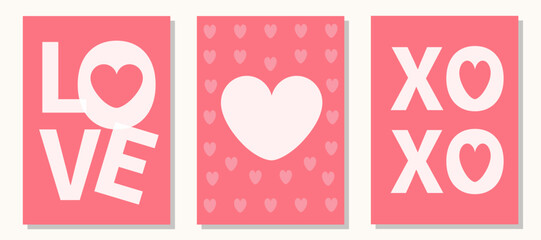 LOVE, XOXO. Hugs and kisses lettering. Heart shape sign symbol. Happy Valentines Day greeting card, poster, banner set. Typography. Social media templates. Flat design. Pink background.