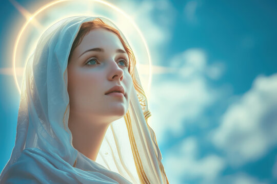 portrait of mary with glowing colorful halo light around head