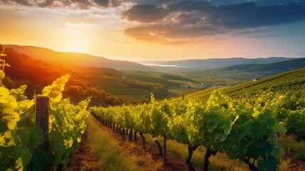 Naklejka premium Vineyards with vines in the evening sun in Europe. Industrial production at the winery, Farming farming, Agriculture concepts.