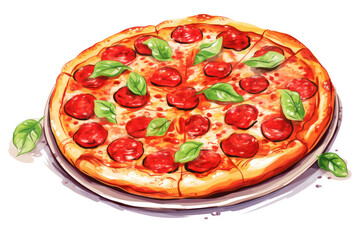 Delicious Italian Pizza with Homemade Crust, Fresh Tomato Sauce, and Melting Mozzarella Cheese - A Tasty Slice of Mediterranean Cuisine on a Red and White Background