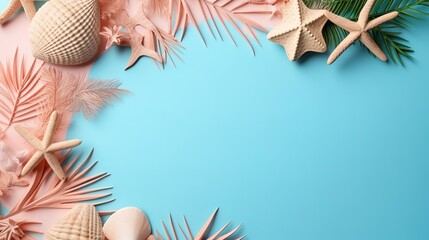 Blue background with starfish and sea shells decoration. generative AI
