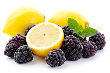 Blackberry, lemon and blackberry isolated on white background. Clipping path