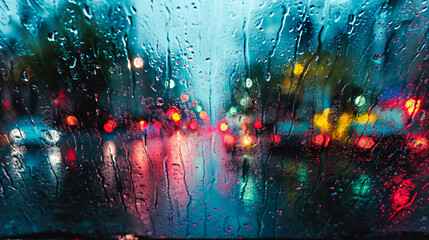 Raindrops race down a car window, distorting the cityscape into a colorful, abstract painting, merging the melancholy of rain with the vibrant hues of urban life