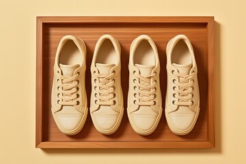 Cream colored shoes on a wooden board. generative AI