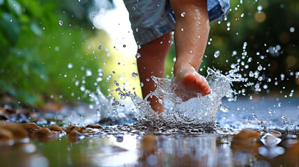 A jubilant water splash, frozen in time, captures the exhilarating moment of a child jumping into a puddle, radiating pure joy and carefree abandon