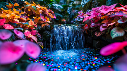 A playful cascade of water droplets descends from a waterfall, catching the vibrant hues of the surrounding foliage, creating a visual symphony of motion and color