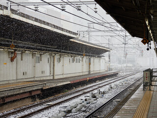 Fototapeta na wymiar 冬の駅のホームと大雪の天気