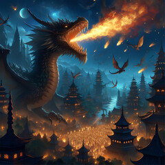 generative ai a dragon that was attacking the kingdom at night by spitting fire - obrazy, fototapety, plakaty