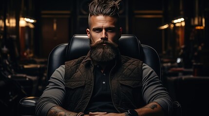 Fototapeta na wymiar Bearded model man and barber