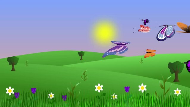 Spring environment animation with butterflies and fields, flat graphic cartoon background