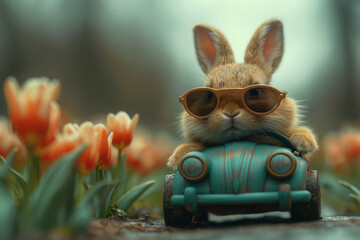 Little Rabbit Takes a Ride in a Toy Car Through the Scenic Outdoors