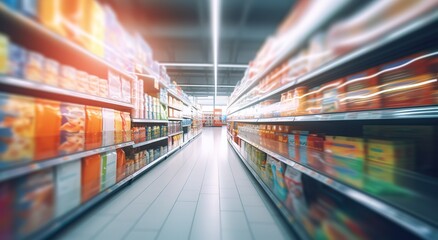 Photo of a supermarket selling various kinds of products with bright light and blur effect. generative AI - obrazy, fototapety, plakaty