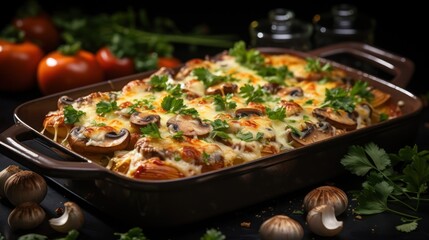 Baked pasta with mushrooms and cheese in a pan on a black background