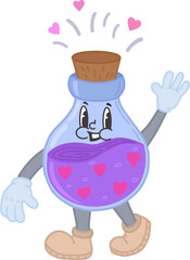 A funny character for Valentine's Day, a bottle with a love drink, an elixir in the retro style of the 60s and 70s. A walking vintage mascot. A vector illustration drawn by hand.Happy emotions,a smile