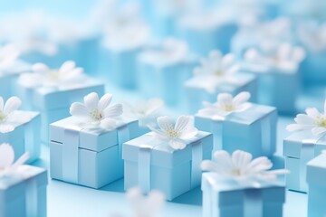 Delicate blue Gift Boxes with White pink Flowers, Soft and Romantic Composition, greeting card, Celebrations and Events, copyspace.
