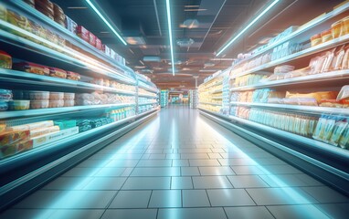 Supermarket photo with bright light and blur effect. generative AI