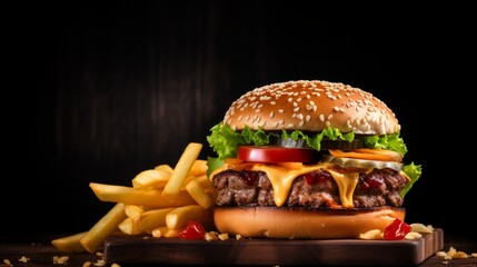 Hamburger and french fries on wooden black background - obrazy, fototapety, plakaty