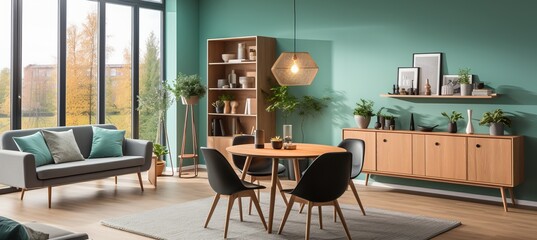Scandinavian mid century living room with mint chairs, wooden dining table, sofa, and green wall